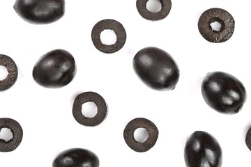 whole and sliced black olives isolated on white background. Top view. Flat lay pattern