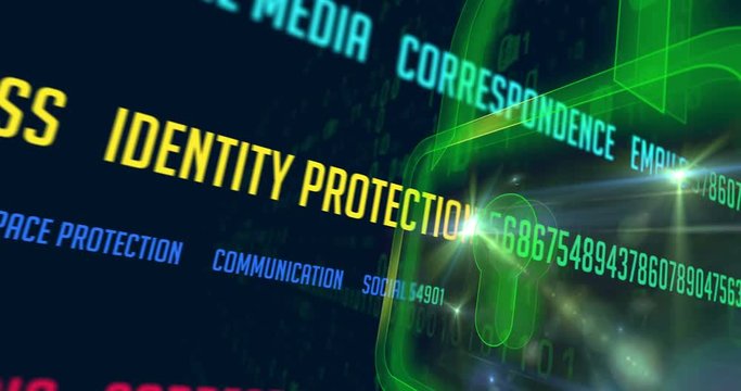 Internet security concept. Stream of cyber security buzzwords coding for numbers by padlock. Identity and data protection, privacy in social media, authorized online access and safe communication.
