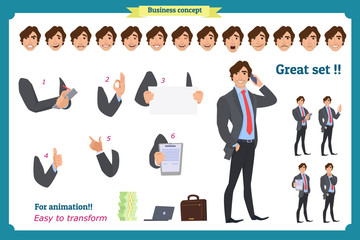 Businessman character. poses,full body, different views, emotions, body elements.Isolated vector on white.Man in business suit.Flat for animation.Business people.Man avatar expressions.Man character