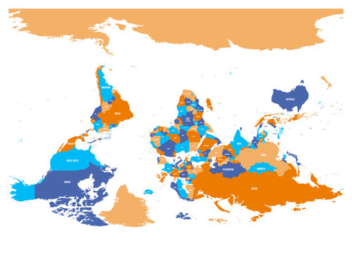 Reversed or upside down political map of World. South-up orientation. Vector illustration.