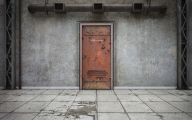 Dark concrete walls room with old door. 3d rendering