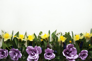 Top view with lilac roses, daffodils