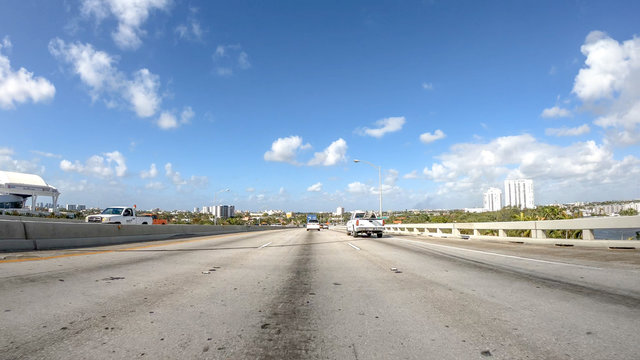 MIAMI, FL - APRIL 2018: Traffic along I-95 interstate. THis is a major road that crosses US
