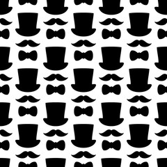 Seamless Pattern Stovepipe Hat, Mustache & Bow Tie