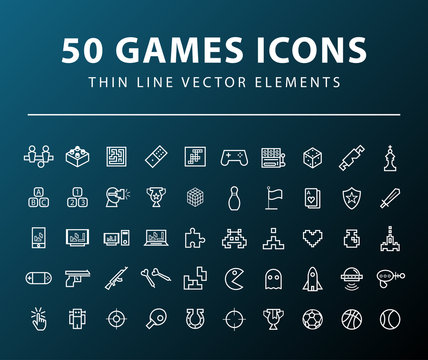 Set of 50 High Quality Universal Standard Minimal Simple White Thin Line Games Icons on Dark Background 