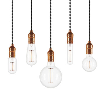 Set of vintage glowing light bulbs on white background. 3D rendering.