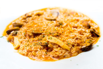 Tasty risotto with Shrimp, fresh herbs vegetables on a white plate