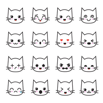 Cute kitten kawaii emoticon collection. Funny white cat emoji vector avatars