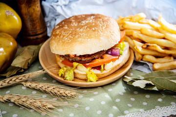 Cheese burger - American cheese burger with Golden French fries