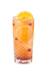 Sex on the beach cocktail with red currants decorated with orange slice