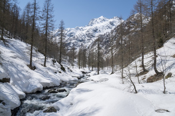 Fototapeta na wymiar Alpine valley with snow in spring, creek swollen by thaw