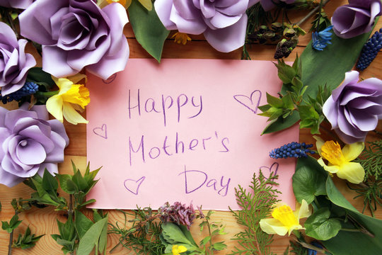 Message for Mother's Day with lilac roses and daffodils