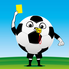 Soccer ball with a card in hand on a soccer field.