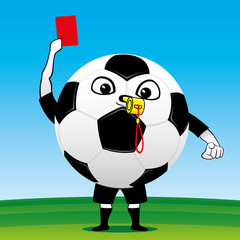 Soccer ball with a card in hand on a soccer field.