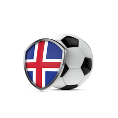 Obraz premium Iceland national flag shield with a soccer ball. 3D Rendering