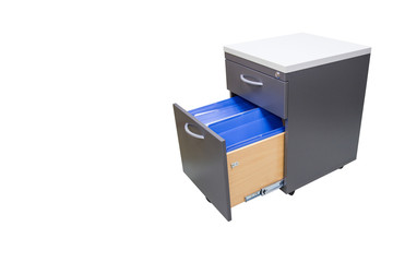 blue file folder documents In a file cabinet retention of contracts - concept business office equipment, isolate with white background, copy space.