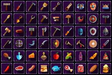 Big flat vector set of items for online mobile game. Tools, equipment, weapon and food with long shadows isolated on purple squares