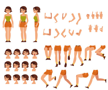 Young woman creation set - girl in t-shirt and shorts with sunglasses. Various body parts, face emotions, hand gestures kit of flat female cartoon character. Isolated Vector illustration.
