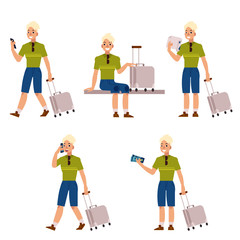 Young man in summer clothing with silver travel suitcase, plastic bag smiling set. Happy male character, traveller, tourist going to vacation. Vector illustration