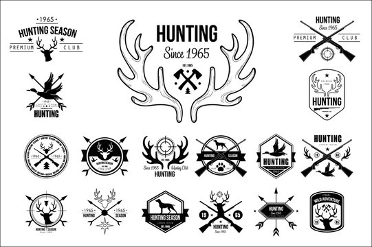 Vector set of vintage emblems for hunting club. Original monochrome labels with silhouettes of dogs, guns rifles, goose and heads of deer