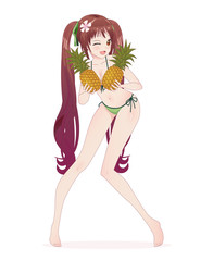Obraz na płótnie Canvas Anime manga girl in a bikini holds in hands two pineapples