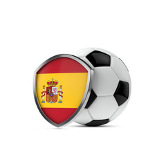 Spain national flag shield with a soccer ball. 3D Rendering