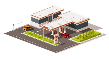 Vector non isometric illustration representing low poly gas station. Petroleum filling station. Fuel. Gas station.