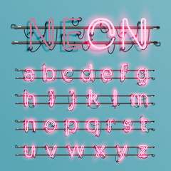 Realistic neon font with wires and console, vector illustration