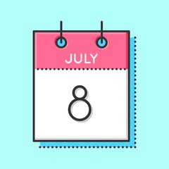 Vector Calendar Icon. Flat and thin line vector illustration. Calendar sheet on light blue background. July 8th