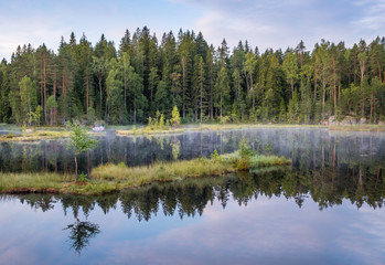 Obraz premium Autumn landscape with reflections and fog at moody morning in Nuuksio National Park, Finland