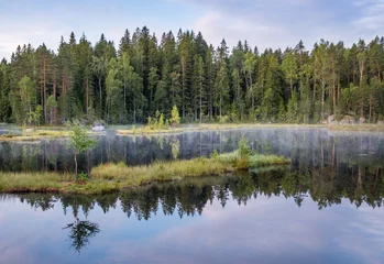 Herbstlandschaft mit Reflexionen und Nebel am launischen Morgen im Nationalpark Nuuksio, Finnland © Jani Riekkinen
