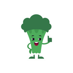 Broccoli thumbs up showing ok gesture and smiling - happy green fresh useful vitamin vegetable for healthy lifestyle and eating concept. Isolated flat cartoon character, vector illustration.