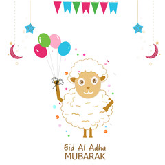 Sheep holding colorful balloon greeting card. Islamic festival of sacrifice, eid al adha celebration greeting card 