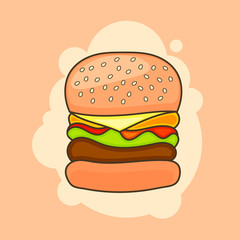 Cartoon tasty big hamburger with cheese and sesame seeds.