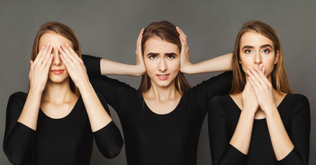 Series of young woman portraits at gray background