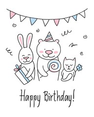 Cartoon rabbit, bear and cat on white isolated background. Flat vector funny illustration of happy animals friends