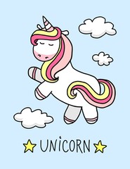 Fantasy cute unicorn in the sky with funny clouds on the blue background vector flat illustration