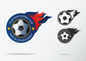 Naklejka premium Soccer logo or Football Badge template design for football team. Sport emblem of black and white soccer ball on navy blue shield with fire ball. Football club logo in black and white icon. Vector.