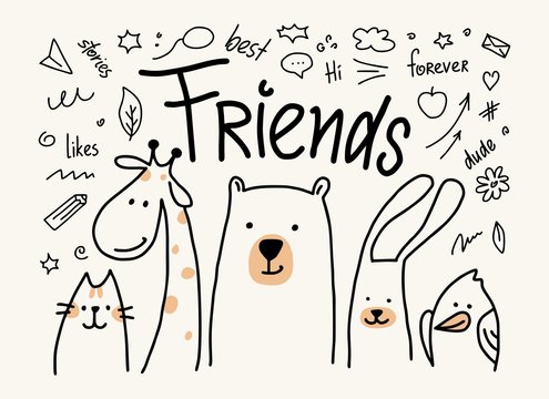 Five animals friends vector cute flat illustration. Cartoon card with cat, bear, giraffe, rabbit and bird