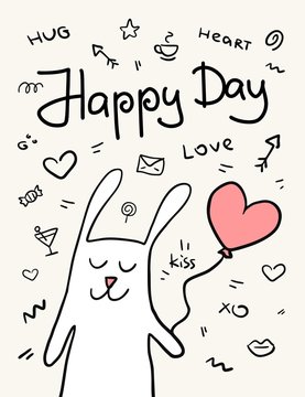Happy day funny cartoon rabbit with pink heart balloon vector love card flat illustration