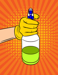 Vector colorful pop art comic style illustration of a hand keep a spray for cleaning. Cleaning product over halftone dot background