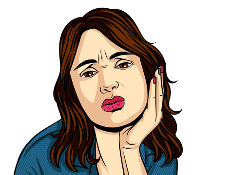 Vector colorful pop art comic style illustration of  woman have teeth pain. The face of the unhappy girls with a hand near her cheek