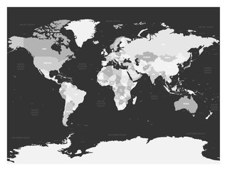 Fototapeta na wymiar World map in four shades of grey on dark background. High detail blank political map. Vector illustration.