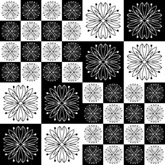 Decorative pattern with a outline flowers on a contrst black - white cell