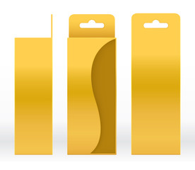 Hanging Box Gold window shape cut out Packaging Template blank. Luxury Empty Box Golden Template for design product package gift box, Gold Box packaging paper kraft cardboard package