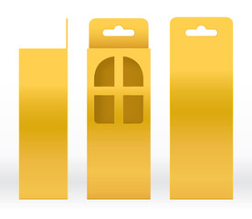 Hanging Box Gold window shape cut out Packaging Template blank. Luxury Empty Box Golden Template for design product package gift box, Gold Box packaging paper kraft cardboard package