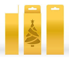 Hanging Box Gold window Christmas tree shape cut out Packaging Template blank. Luxury Empty Box Golden Template for design product package gift box, Gold Box packaging paper kraft cardboard package
