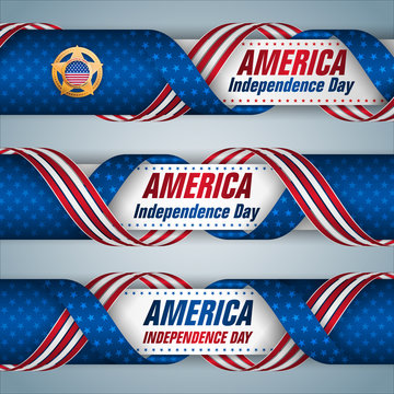 Set of web banners with texts, badge and American flag colors for Fourth of July, American Independence day, celebration; Vector illustration