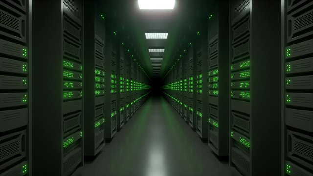 Loop-ready tracking shot of an endless data center server room with blinking green LED lights.