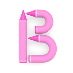 Pink wax crayon capital letter B, white background, 3D rendered font image